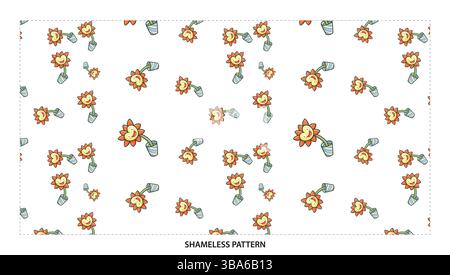 Niedliche Cartoon Sonnenblume mit glücklichem Gesicht im Topf nahtlose Muster Design Stock Vektor