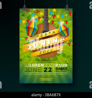 Festa Junina Party Flyer Design mit Gitarre, Party Flaggen, Papier Laterne und Typografie Schriftzug auf Natur grünem Hintergrund. Vektor Brasilien Juni Stock Vektor