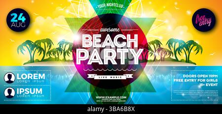 Sommer Beach Party Flyer Design mit abstrakten Design-Elementen und Typografie-Schriftzug auf tropischem Inselhintergrund. Vektor Sommerurlaub Stock Vektor