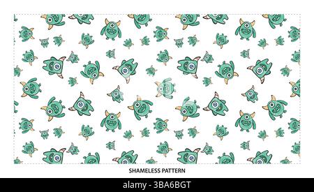 Niedliches, grünes Monster Turtle-Motiv mit nahtlosem Muster für Kinder Stock Vektor