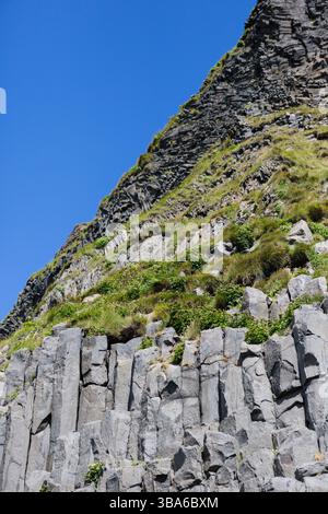 Säulenbasaltklippen bedeckt mit grüner Vegetation Stockfoto