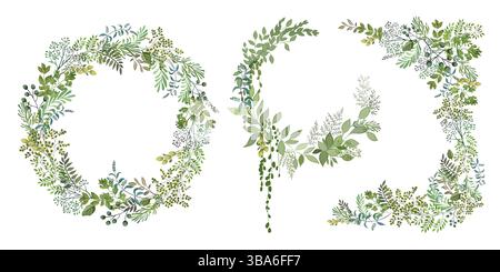 Botanischer Kranz und Eckset, rustikale handgezeichnete Kräuter. Stock Vektor