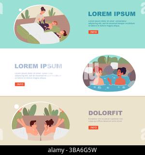 Paare im Spa-Salon. Die Menschen verbringen Zeit mit Entspannungsverfahren im Spa. Vektor-Banner-Set Stock Vektor
