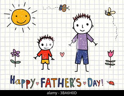 Hand gezeichnete Papa und Sohn Stick Figur Zeichnung, Vater's Day kindish Doodle Grußkarte Hintergrund Stockfoto