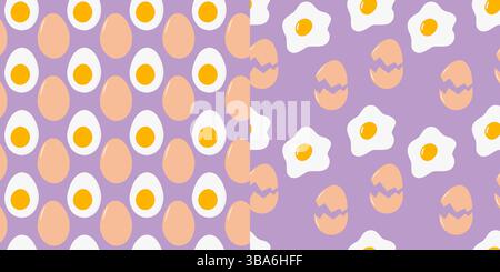 Rohes, halbgekochtes Ei und gebratenes Ei mit nahtlosem Eierschalen-Muster auf Lavender Hintergrund Food Fond Set. Vektor-Illustration Lebensmittel oder Eiertag kulinarische Lebensmittel Poster, Werbematerialien, Broschüren, Banner, Etiketten Stock Vektor