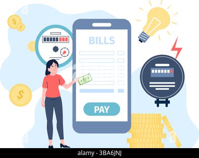 Mädchen, das Rechnungen online bezahlt. Telefon-App für Haushaltsservice, Versorgungsunternehmen zahlen. Zahlungen für Elektrizität Gas Heizung Wasser und Wohnungsservice, neuerdings Stock Vektor
