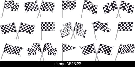 Rennflaggen. Karierte schwarze weiße Flagge, Symbole für das Ende des Starts. Rallye-Elemente, Motorsport, Autorennen. Isolierter Bewegungsvektor Stock Vektor