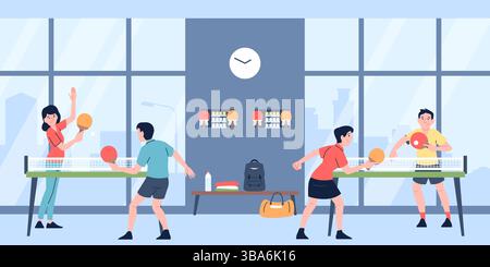 Tischtennisspiel im Fitnessstudio. Workout oder Sportwettbewerb, Leute spielen Tischtennis. Athleten in Uniform spielen mit Gegnern, aktuelle Vektorszene Stock Vektor