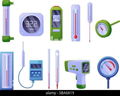 Verschiedene Thermometer. Medizinisches Industriedomometer, Küchengeräte für Geschirrtemperatur und Wettermessung. Isolierte heutige Vektormenge Stock Vektor