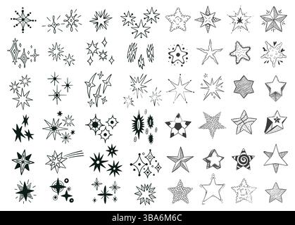 Doodle Sterne funkeln mit verschiedenen Texturen und Formen auf weißem Hintergrund. Handgezeichneter Stern bildet cosmische Elemente. Satz von Vektorsymbolen für Stock Vektor
