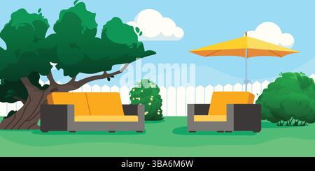 Terrasse im Hinterhof mit Sofa, gelbem Schirm und grünen Bäumen vor blauem Himmel mit Wolken. Moderne Gartenmöbel im Sitzbereich. Flacher Vektor Stock Vektor
