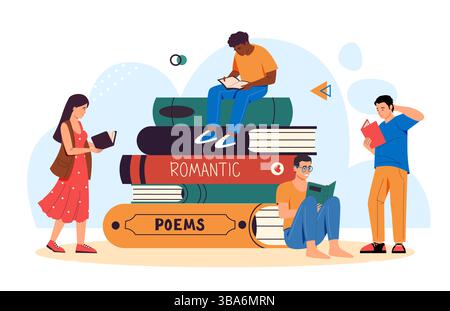Junge Leute, die Bücher in der Nähe von riesigen Romanen und Gedichtbänden lesen. Vier Studenten studieren für Prüfungen. Literatur, Jugendbildung. Flacher Karikaturvektor Stock Vektor