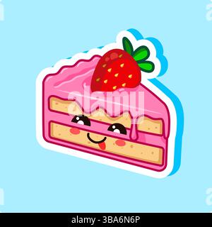 Nettes Stück Kuchen mit Erdbeere und lächelndem Gesicht Kawaii Stil Design Vektor Illustration Stock Vektor