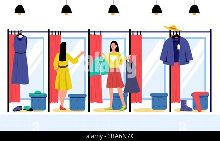 Weibliche Kunden, die neue Outfits in der Umkleidekabine eines Modegeschäfts anprobieren, während sie Kleidungsstücke auswählen und über ihre Einkäufe nachdenken. Einzelhandel Stock Vektor