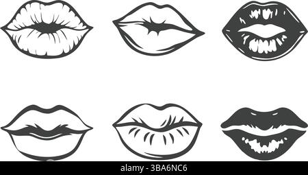 Eine kreative Kollektion von sechs ausdrucksstarken Mundsilhouetten mit einzigartigen Lippenformen und Sichtbarkeit der Zähne. Diese auffällige Schwarzweiß-Zeichentrickserie Stock Vektor