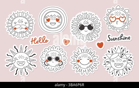 Süße Sonnenumrisse, glücklicher Sonnenvektor, Sommersonnenuntergang. Karten, Einladungen, Poster, Aufkleber Kunst Stock Vektor