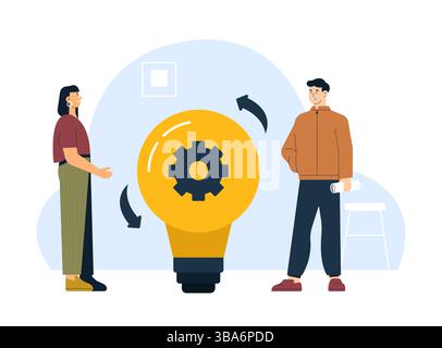 Zwei Geschäftsleute diskutieren innovative Ideen und entwickeln gemeinsam einen Lösungsprozess. Glühlampe mit Zahnrad als Symbol für Stock Vektor