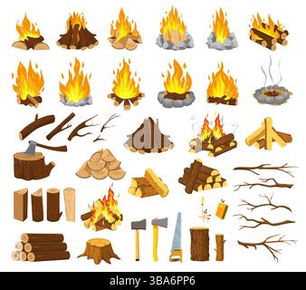 Sammlung von Lagerfeuern, Baumstämmen, Ästen, Holzfällerwerkzeugen Axt, Säge, Streichhölzer und verschiedene Baumstämme. Für Camping, Brandschutz und Wald Stock Vektor
