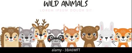 Wilde Tiere isoliert, niedliche Waldtiere, Kinder-Vektor-Cartoon, Banner groß Stock Vektor