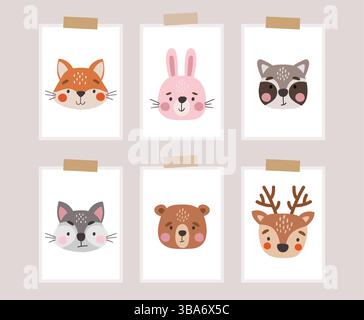 Wilde Tiere isoliert, niedliche Waldtiere, Kinder Zeichentrickfilm Illustration, Poster Stock Vektor