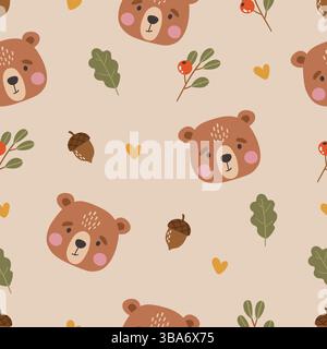 Wildtiermuster, süße Wildtiere, Kinder Muster, Wald Cartoon nahtlose Muster, braun Stock Vektor
