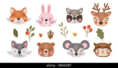 Wilde Tiere isoliert, niedliche Waldtiere, Kinder Zeichentrickfilm Illustration, Tiere Sammlung Stock Vektor