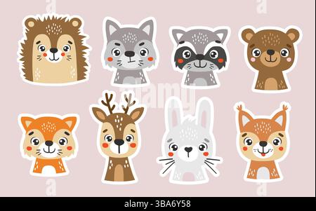 Wilde Tiere Aufkleber, niedliche Waldtiere, Kinder Vektor Cartoon, Aufkleber Stock Vektor