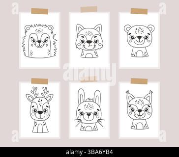 Wilde Linien Tiere Poster, niedliche Waldtiere Färbung, Kinder Vektor Cartoon Umrisse, Poster Stock Vektor