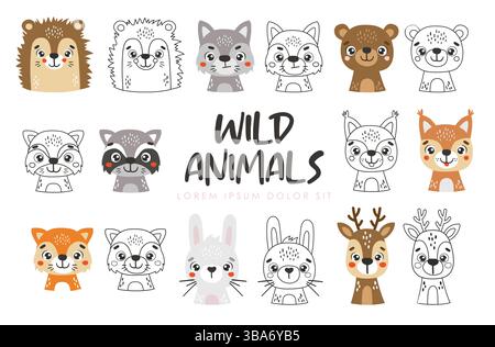 Wilde Tiere isoliert, niedliche Waldtiere, Kinder-Vektor-Cartoon, Wald-Set Stock Vektor