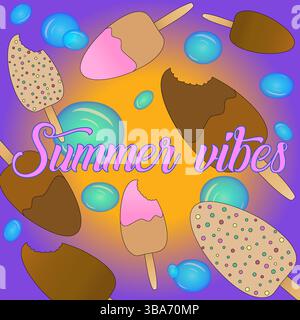 Grußkarte Illustration mit einer Szene von einem Eis auf einem Stock, ganz und mit Bissspuren und Wasserblasen. Aufschrift „Summer Vibes“ (Sommerstimmung). Ideal für Stock Vektor