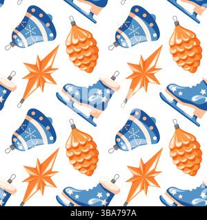 Nahtloses Muster für Weihnachten und Happy New Year im Cartoon-Stil. Weihnachtsspielzeug-Dekoration in Form von Stern, Glocke, Schlittschuh und Kiefernzapfen. Retro Stock Vektor