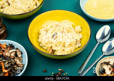 Hirsebrei mit Pilzen in einer Schüssel. Stockfoto