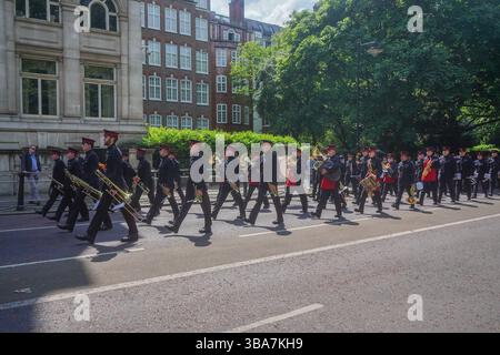 London UK 12. Mai 2025. Die Band der Grenadier Guards nimmt an der Trooping the Colour Probe on Horse Guards Teil, um den offiziellen Geburtstag des Königs am 14. Juni zu feiern Credit Amer Ghazzal/Alamy Live News Stockfoto