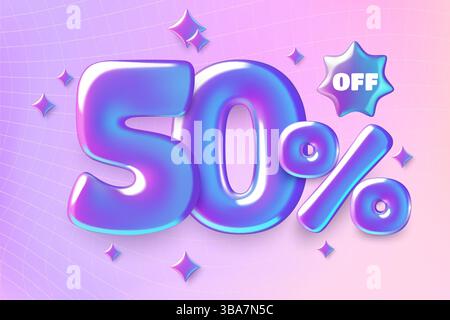 Violettes Banner mit 50 % Rabatt und 3D-irisierenden Foliennummern auf verlaufendem Hintergrund Stock Vektor