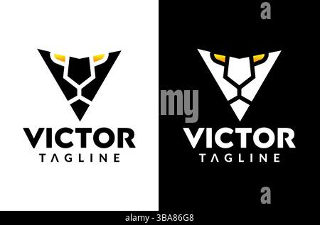 Letter V Lion Beast Victor Logo, Beast Logo, Lion Face Logo, Victory Logo Design, cooles Gaming Löwe Auge mit wütendem Gesicht sieht gegnerischen sieger aus Stock Vektor