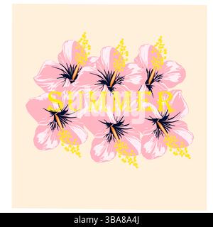 Vektor-Illustration: 'Hello Summer'-Schriftzug mit rosa Hibiskusblüten. Stock Vektor