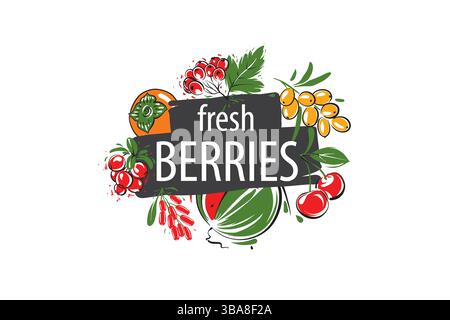 Vektor-Logo mit bemalten frischen Beeren. Stock Vektor