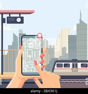 Vektor-Illustration Hände halten Handy und zeichnen bewegliche Route auf dem Telefonbildschirm. Karte Stadtbahn Bahnsteig öffentlicher Verkehr Personenverkehr Stock Vektor