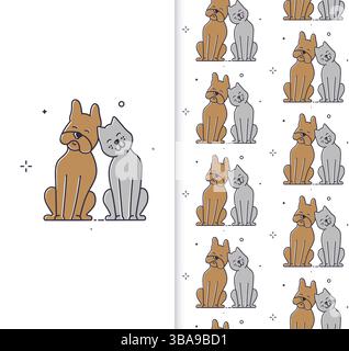 Hund und Katze nahtloses Muster auf weißem Hintergrund Stockfoto