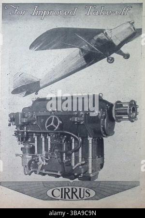 Ursprüngliche Werbung aus dem Jahr 1943 des Flugzeugmagazins für Cirrus-Flugzeugtriebwerke, die eine verbesserte Starteleistung anpreiste. Die Anzeige zeigt eine detaillierte Abbildung des Cirrus-Triebwerks unter einem leichten Flugzeug im Flug. Am 23. April 1943 ist dies ein seltenes Beispiel für die britische Flugzeugwerbung, in der frühe Kolbenmotortechnologie für zivile oder Ausbildungsflugzeuge gezeigt wird. Stockfoto