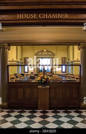 Wyoming, WY, USA - 10. Mai 2022: Die große Versammlungshalle der House Chamber im Wyoming State Capitol Stockfoto