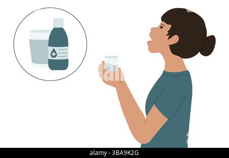 Das Mädchen spült ihren Mund mit einem antibakteriellen Mundwasser. Medizinische Vektor-Illustration Stockfoto