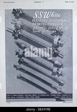 Originalwerbung aus dem Jahr 1943 des Flugzeugmagazins für flexible Torsionsfernsteuerungssysteme von S.S. White. Der Werbespot enthält eine Auswahl an Kabelendfittings, die während des Zweiten Weltkriegs in Flugzeugen und industriellen Anwendungen verwendet wurden. Am 23. April 1943 ist dies ein seltenes Beispiel für die britische Ingenieurförderung im Luftverkehr und im verarbeitenden Gewerbe während des Krieges.5 Stockfoto