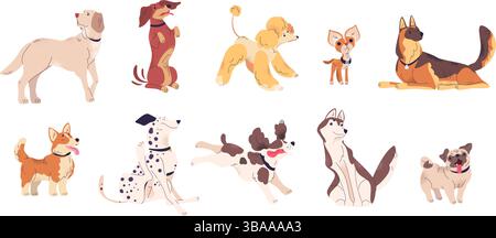 Niedliche Welpen brüten. Cartoon netter Hund Welpe verschiedene Hunderasse Sammlung, lustiges Haustier labrador Hund Dackel Pudel chihuahua, klassische Vektor Illustration Original Artwork Stock Vektor