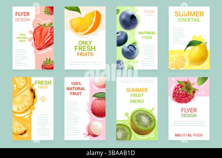 Realistische Obstflyer. Sommer-Obst-Menü-Design-Vorlage, reifer frischer tropischer exotischer Saft süße gesunde Nahrung abstrakte Hintergrund Broschürenkarten, 3D exakte Vektor-Illustration Original-Kunstwerk Stock Vektor