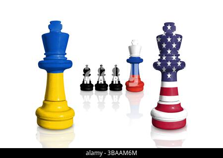 Schach aus Fahnen der Ukraine, der USA und Russlands Stockfoto