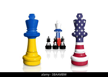 Schach aus Fahnen der Ukraine, der USA und Russlands Stockfoto