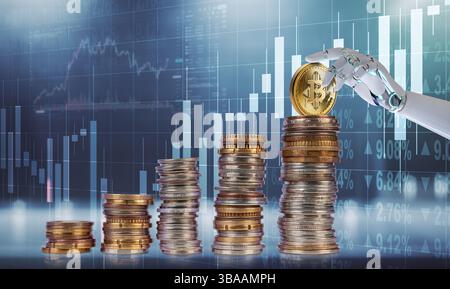 Eine Roboterhand platziert einen Bitcoin auf einem wachsenden Stapel von Münzen und symbolisiert digitale Währungsinvestitionen vor einem finanziellen Hintergrund. Stockfoto