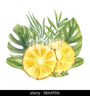 Zwei saftige Ananasscheiben und üppige Monstera- und Palmblätter Aquarellillustration isolierter Hintergrund. Obst und tropische Blätter für den Sommer Stockfoto