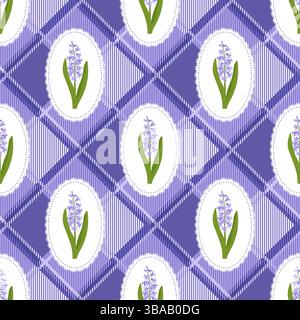Nahtloses Blumenmuster von Coquette Spalis Hyacinth auf kariertem Hintergrund. Rustikales Vintage-Design. Vektorabbildung Stock Vektor